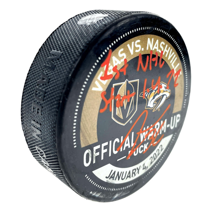 Logan Thompson Signed Vegas Golden Knights Game Used Puck 1st Start 1/4/22 COA