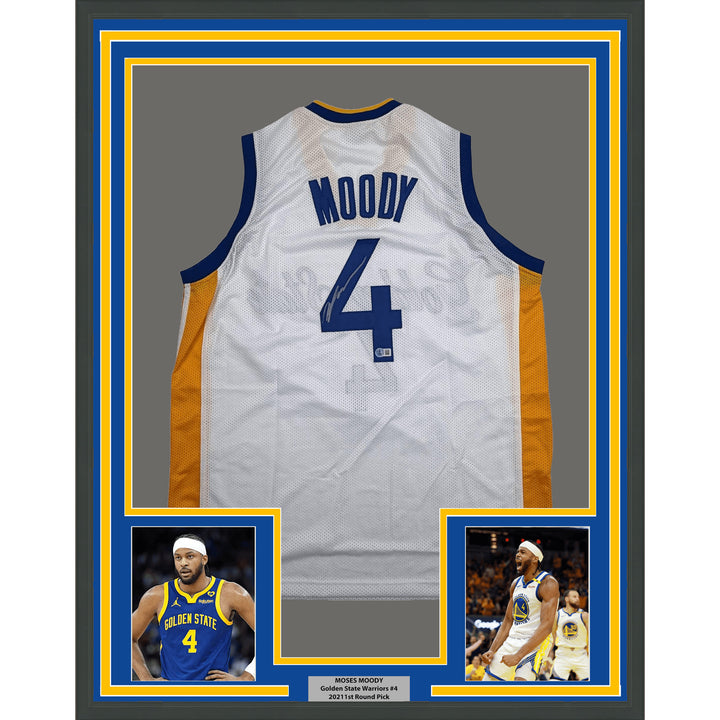 Framed Autographed Moses Moody 35x39 Golden State White Jersey Beckett BAS COA