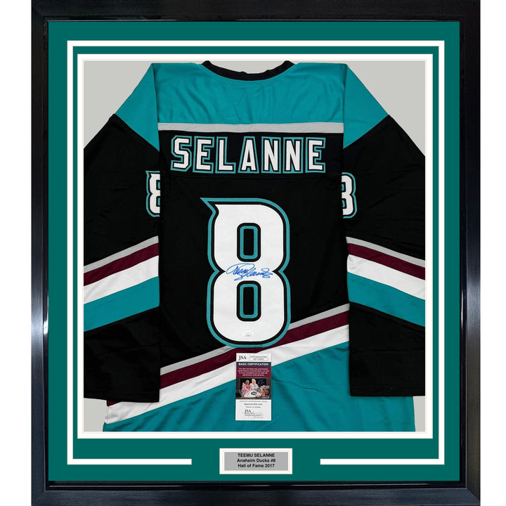 Framed Autographed/Signed Teemu Selanne 35x39 Anaheim Black Retro Jersey JSA COA