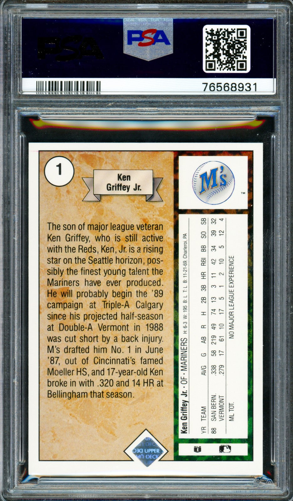 Ken Griffey Jr. Signed 1989 Upper Deck RC 1 Mariners PSA 9 Auto Mint 9 PSA/DNA