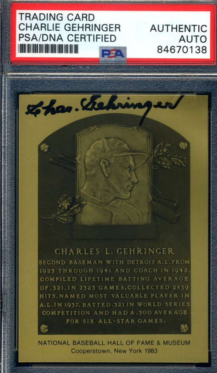 Charlie Gehringer PSA DNA Signed Gold Metallic Hall Of Fame Plaque Set Break Aut