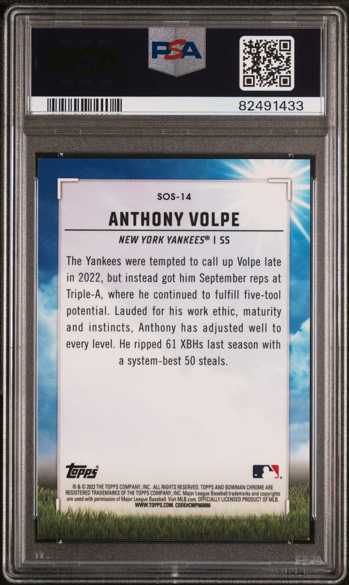 Graded 2023 BWM MB Anthony Volpe #SOS14 CHR Sept Pink #/199 Baseball Card PSA 10
