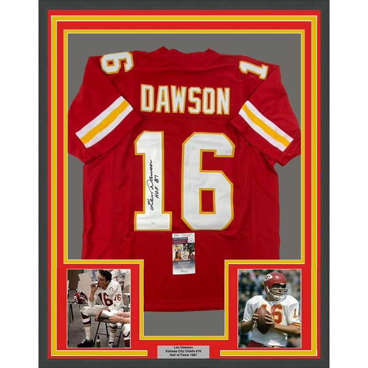 Framed Signed Len Dawson 35x39 HOF 87 Kansas City Red Jersey JSA COA