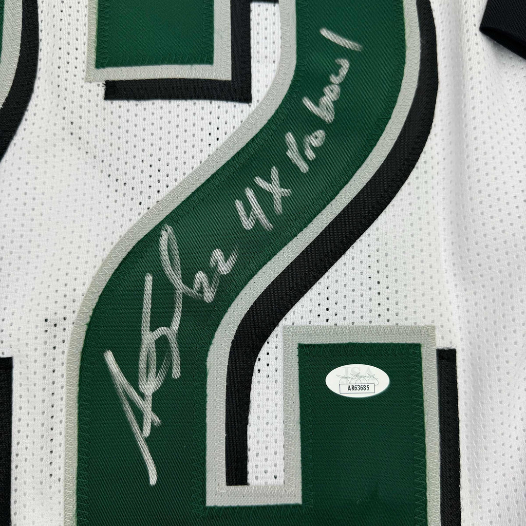 Framed Autographed/Signed Asante Samuel Sr 35x39 White Football Jersey JSA COA
