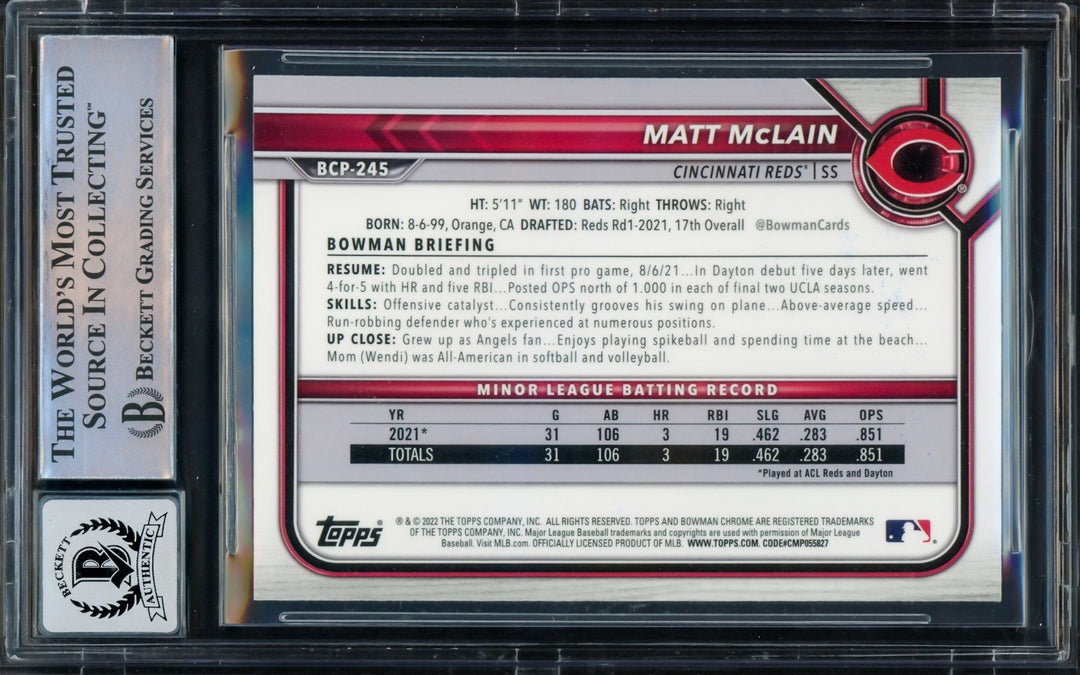 Matt McLain Auto 2022 1st Bowman Chrome RC BCP245 Reds Sig 10 MLB Debut BAS