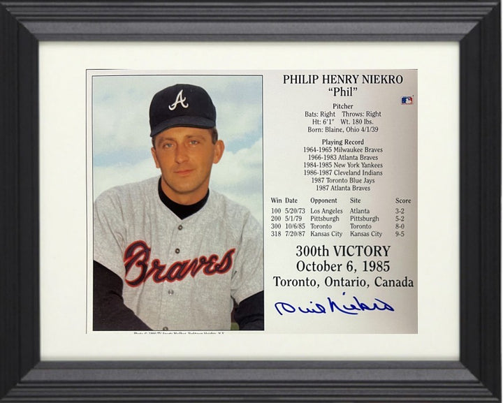 Phil Niekro signed Atlanta Braves MLB 300th Victory 8x10 Photo/Card Framed- COA