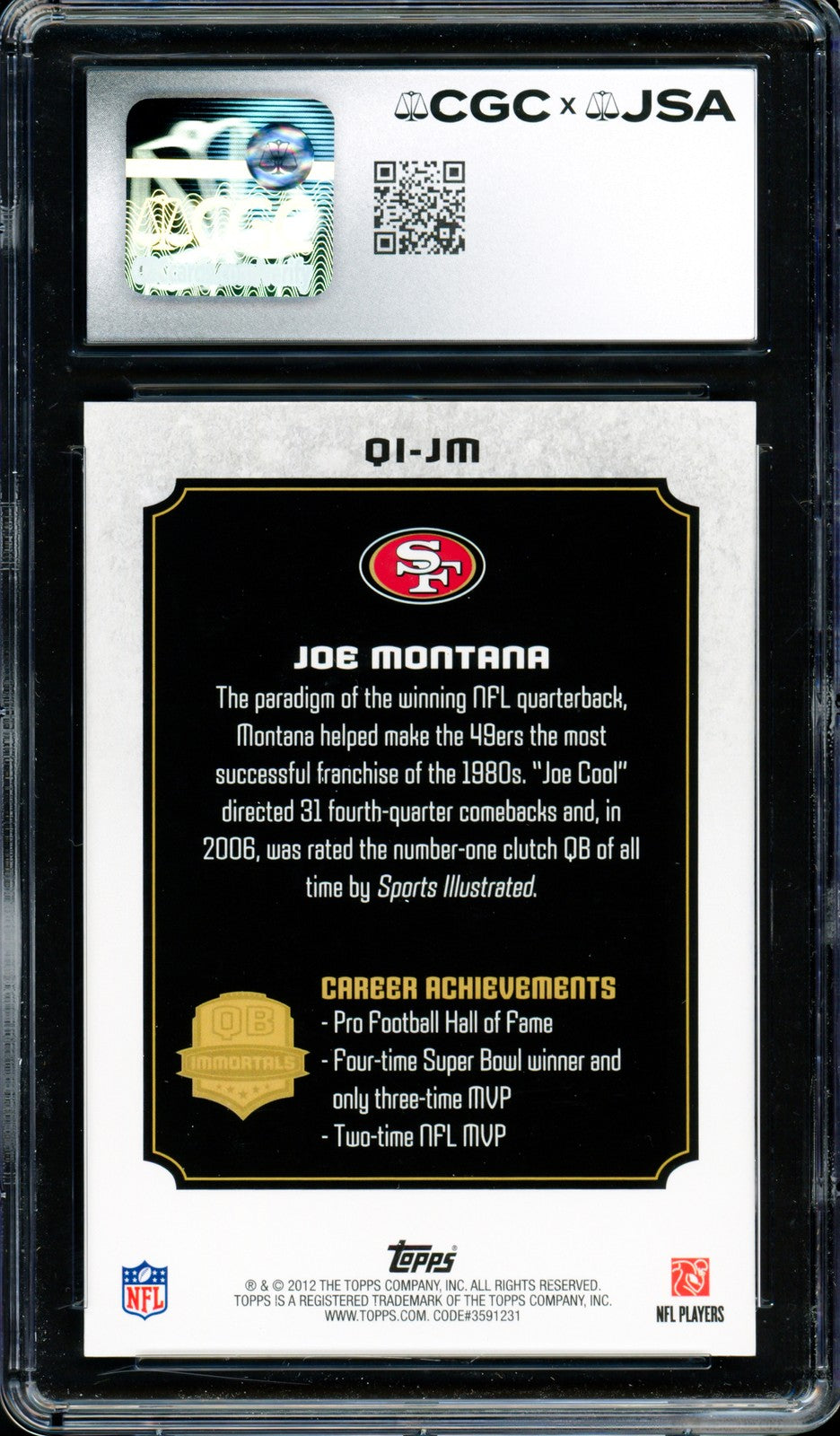 Joe Montana Auto 2012 Topps QB Immortals Card QI-JM 49ers Grade 9.5 CGCxJSA