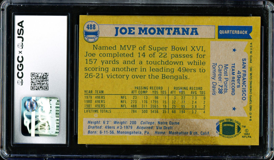 Joe Montana Autographed Signed 1982 Topps Card 488 San Francisco 49ers CGC x JSA