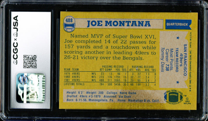 Joe Montana Autographed Signed 1982 Topps Card 488 San Francisco 49ers CGC x JSA