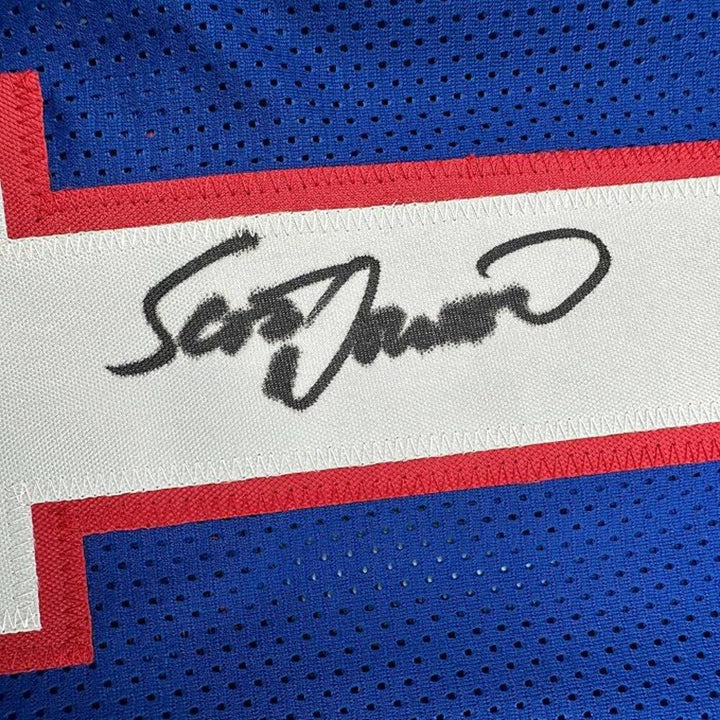 Framed Autographed/Signed Scott Norwood 35x39 Buffalo Blue Jersey Beckett COA