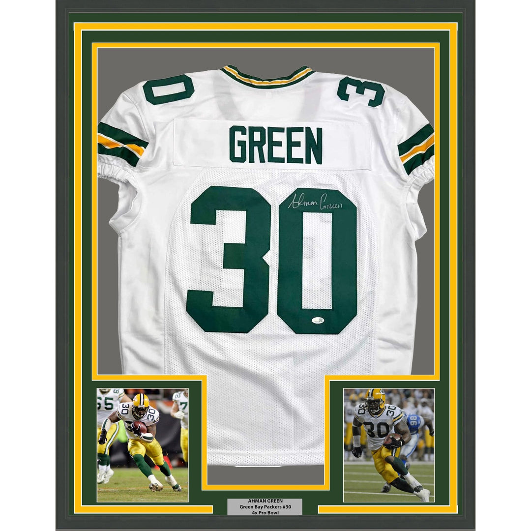 Framed Autographed/Signed Ahman Green 35x39 Green Bay White Jersey JSA COA