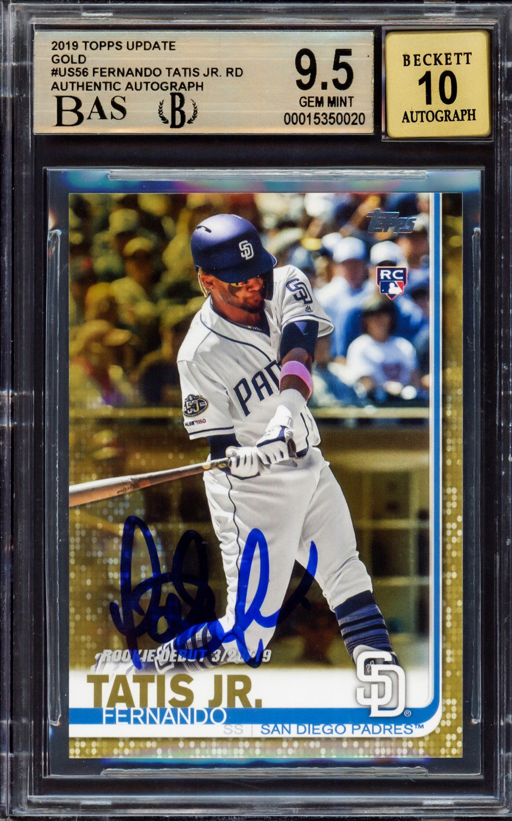 Fernando Tatis Jr. Signed 2019 Topps Update Gold RC US56 BGS 9.5 Sig 10 Beckett