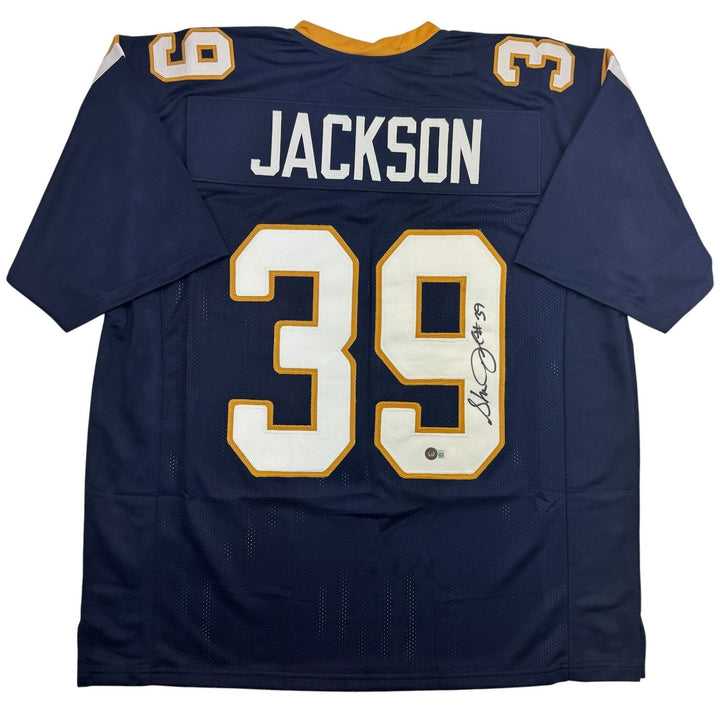 Autographed/Signed Steven Jackson St. Louis Blue Football Jersey BAS COA