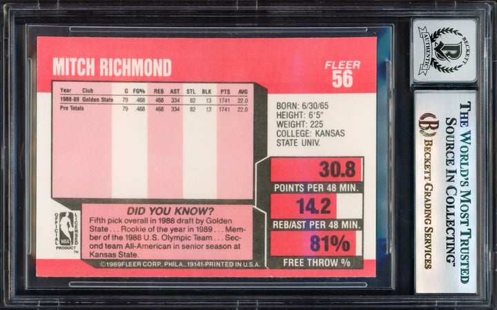 Mitch Richmond Signed 1989-90 Fleer RC 56 Warriors Auto GM 10 Beckett