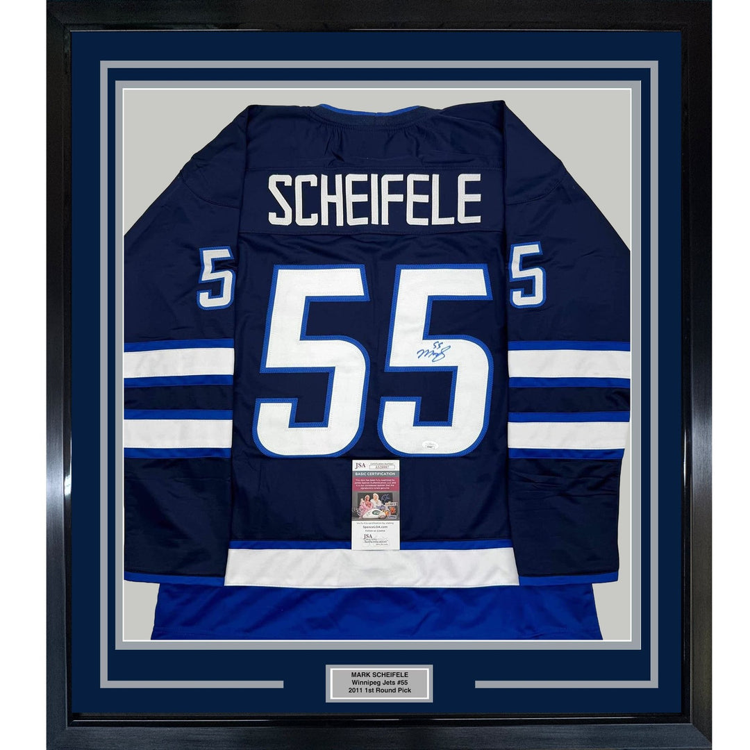 Framed Autographed/Signed Mark Scheifele 35x39 Winnipeg Blue Jersey JSA COA