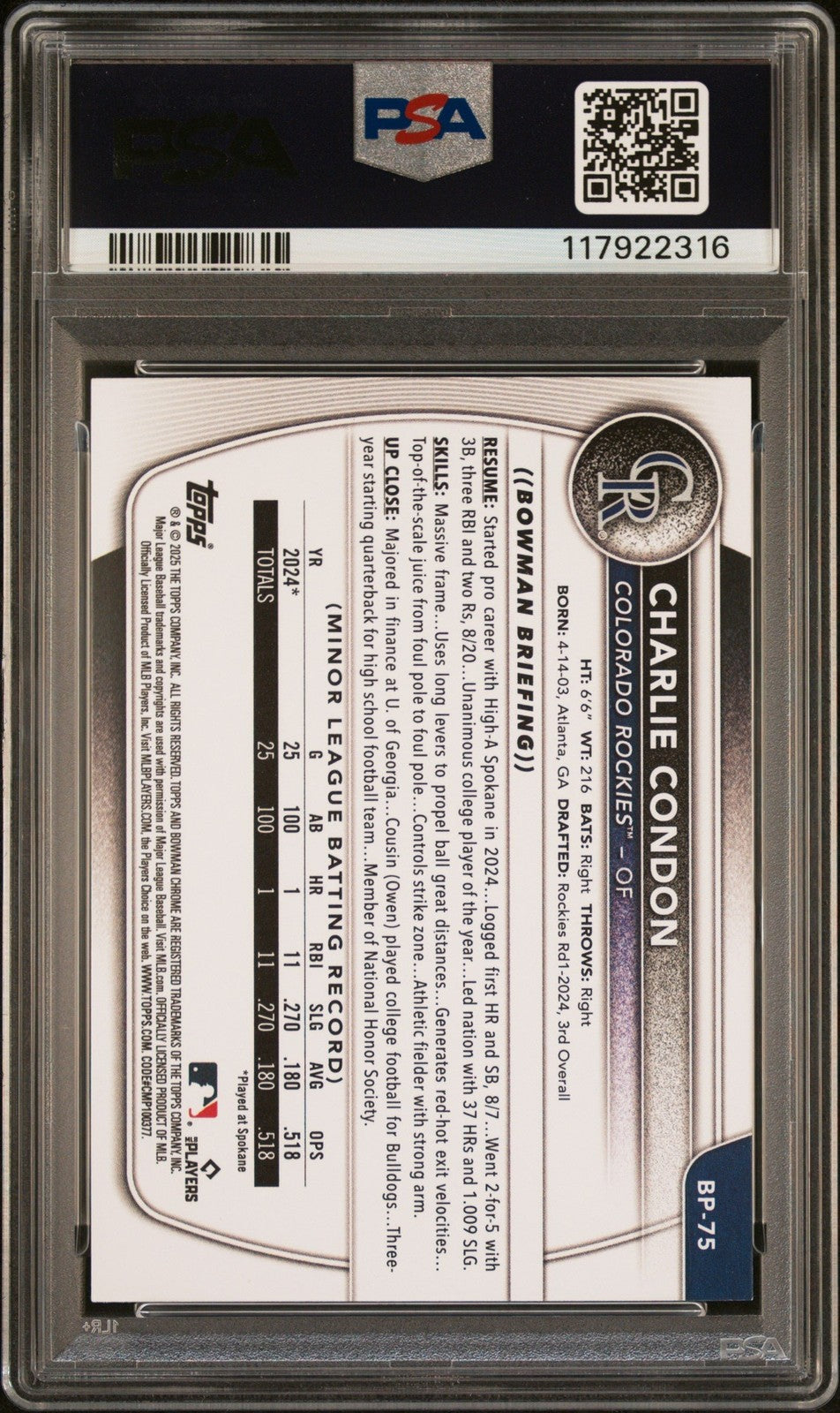 Graded 2025 Topps Bowman Charlie Condon #BP75 Paper Rookie Card PSA 10