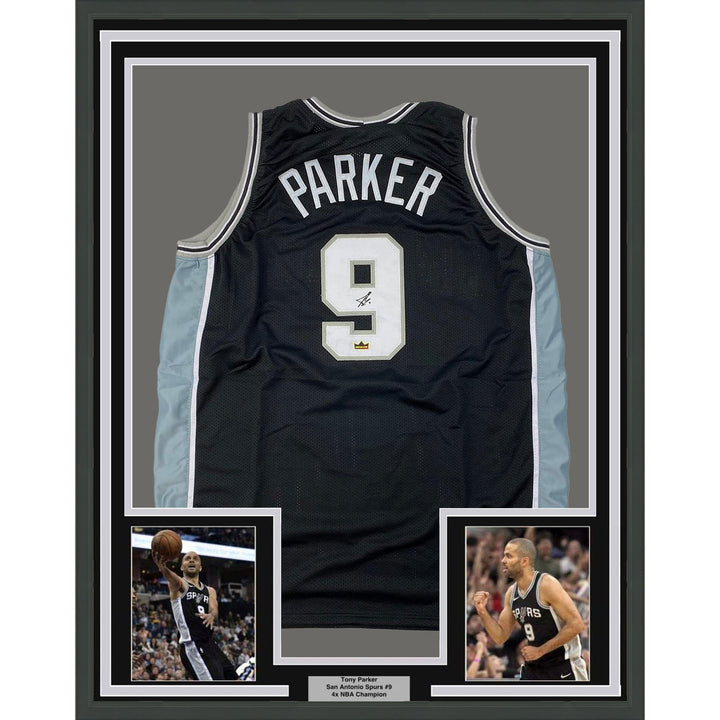 Framed Facsimile Autographed Tony Parker 33x42 Black Reprint Laser Auto Jersey