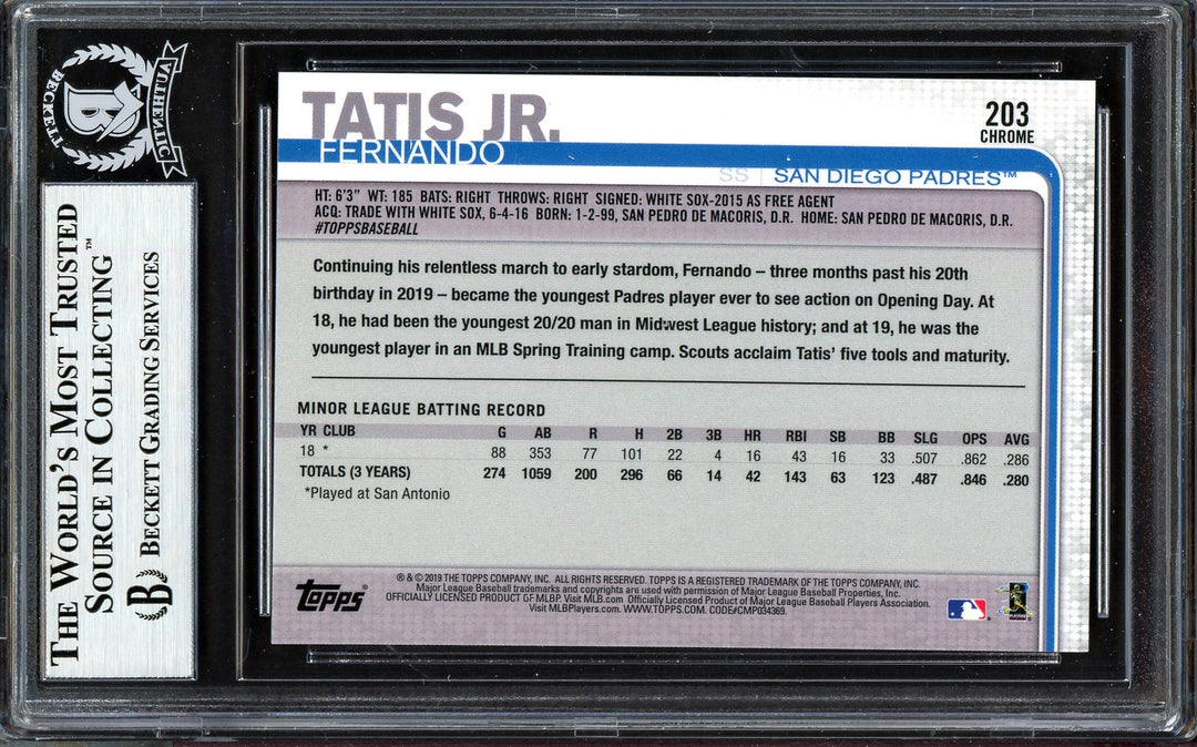 Fernando Tatis Jr. Signed 2019 Topps Chrome RC 203 Padres (Bubbling) Beckett