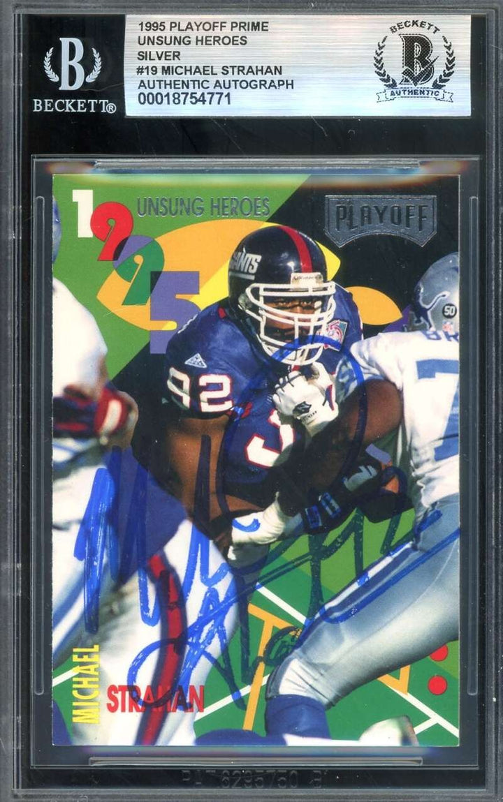 Michael Strahan Beckett BAS Signed 1995 Playoff Prime Silver Heroes Autograph