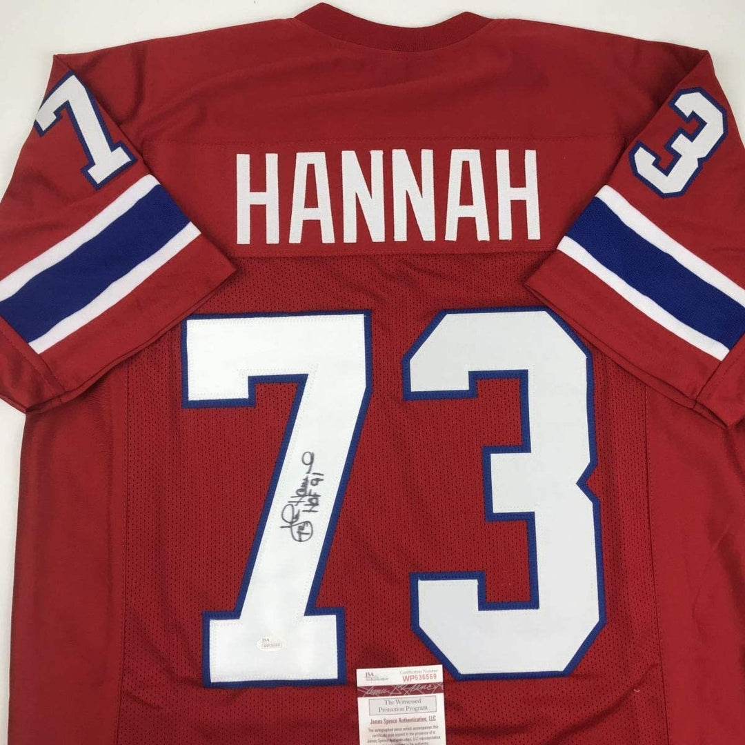 Autographed/Signed John Hannah HOF 91 New England Red Jersey JSA COA
