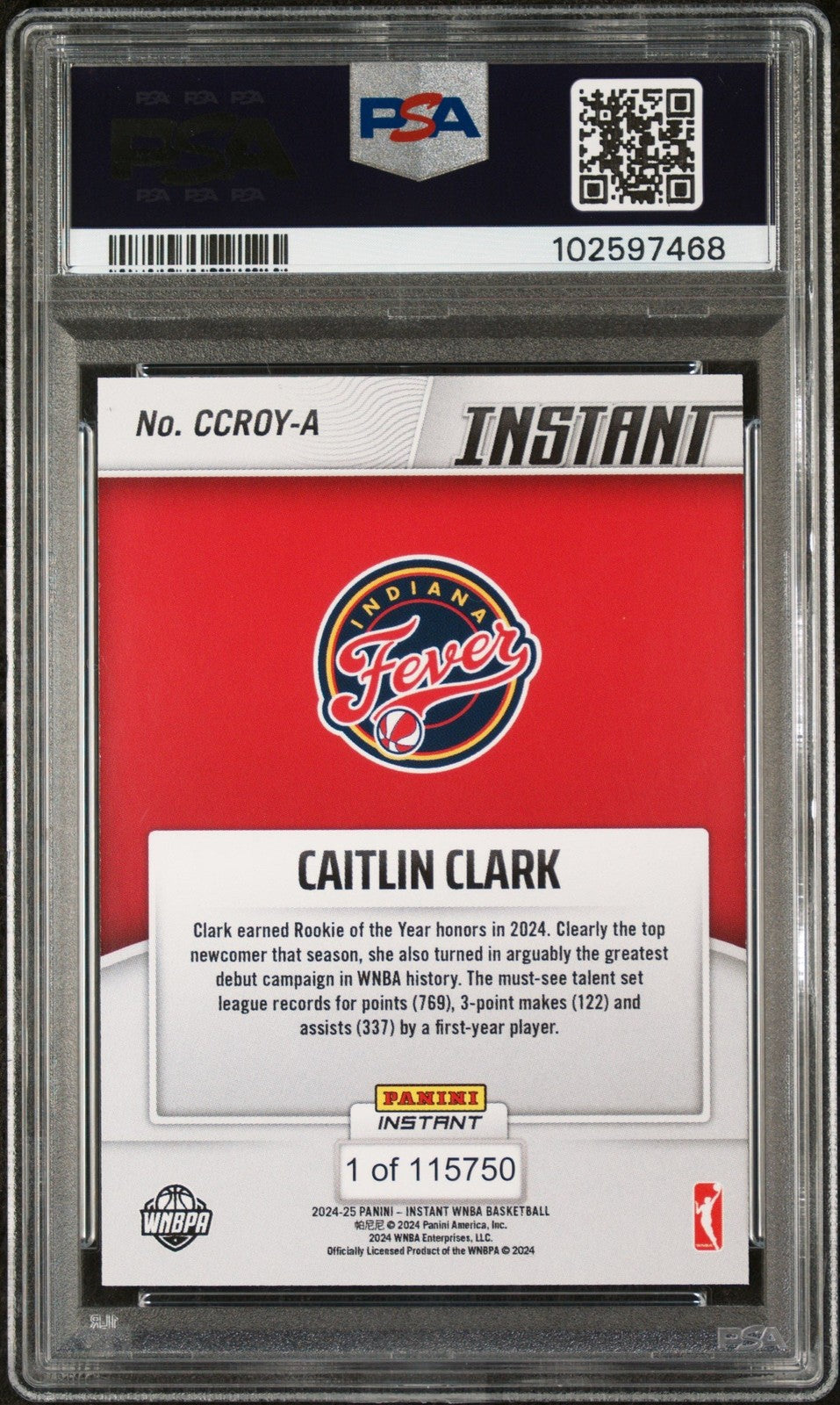 Graded 2024 Panini Instant WNBA Caitlin Clark #A RC of the Year Card PSA 10