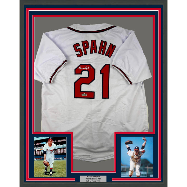 Framed Facsimile Autographed Warren Spahn 33x42 White Reprint Laser Auto Jersey