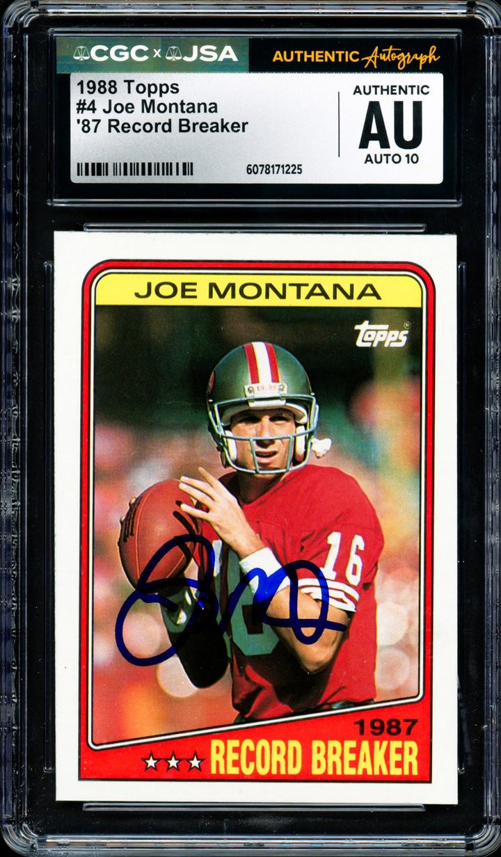 Joe Montana Signed 1988 Topps Card 4 San Francisco 49ers Auto GM 10 CGC x JSA