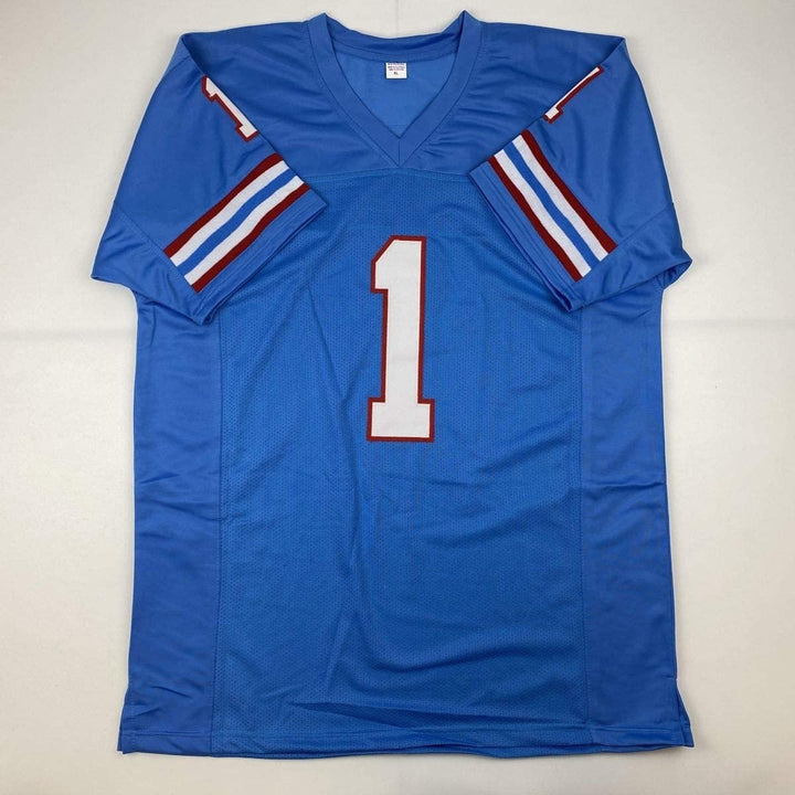 Autographed/Signed WARREN MOON HOF 06 Houston Blue Jersey JSA COA Auto