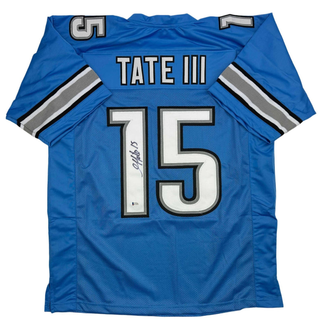 Autographed/Signed Golden Tate Detroit Blue Football Jersey Beckett BAS COA
