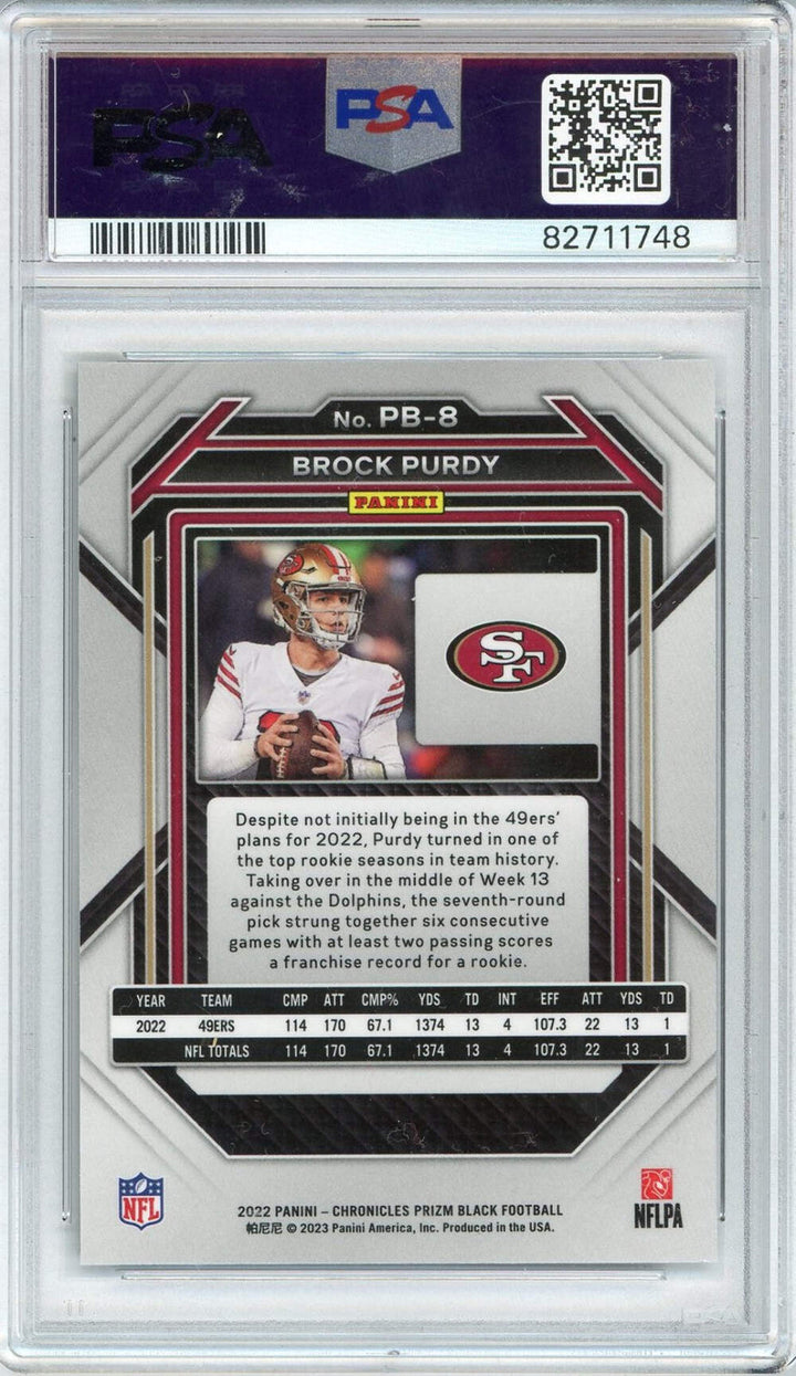 Graded 2022 Chronicles Brock Purdy #PB8 Prizm Black Rookie Football Card PSA 10