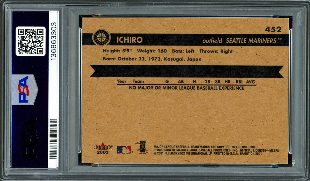 Ichiro Suzuki Signed 2001 Fleer Tradition RC 452 Mariners PSA 9 Sig 10 PSA/DNA