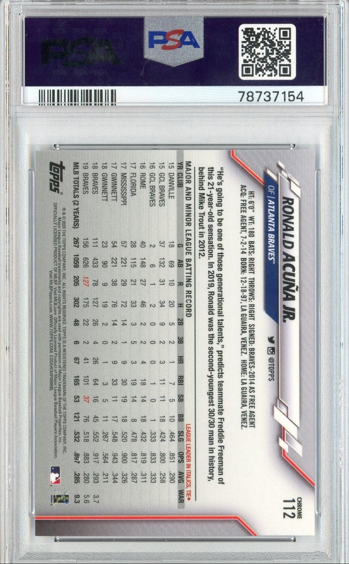 Graded 2020 Topps Chrome Ronald Acuna Jr. #112 Card PSA 10 Gem Mint