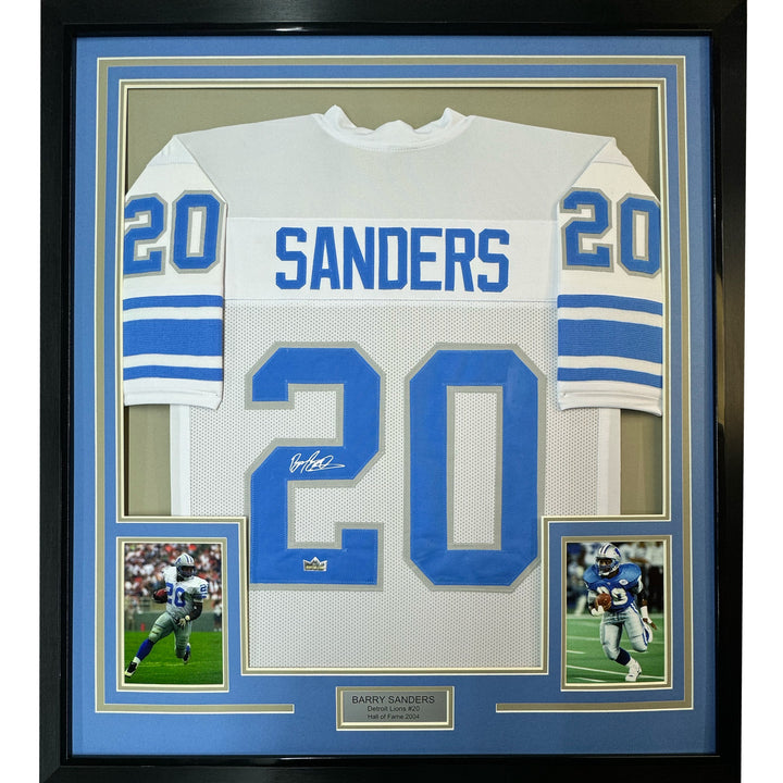 Framed Facsimile Autographed Barry Sanders 33x42 White Reprint Laser Auto Jersey