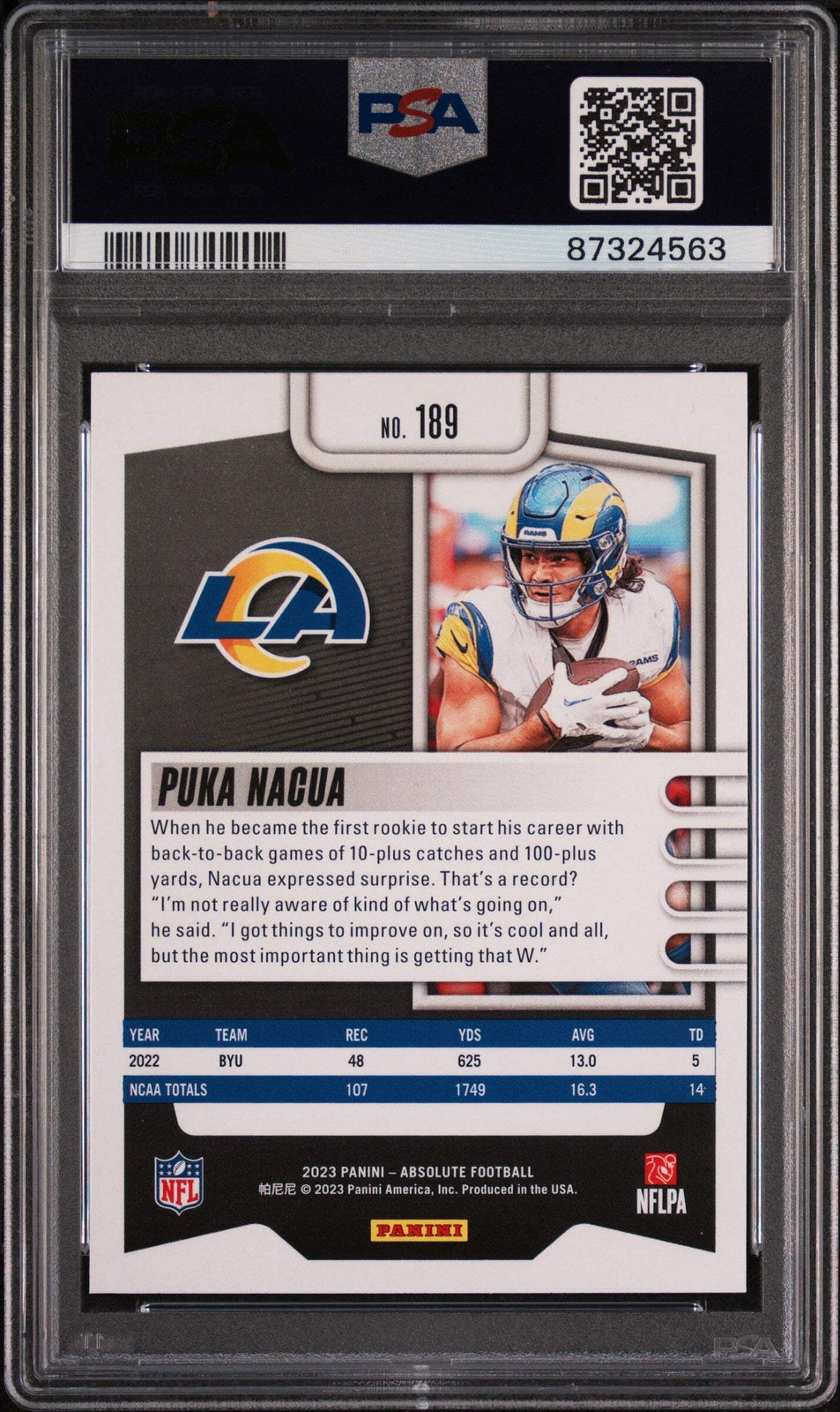 Graded 2023 Panini Absolute Puka Nacua #189 Rookie RC Football Card PSA 10 Gem