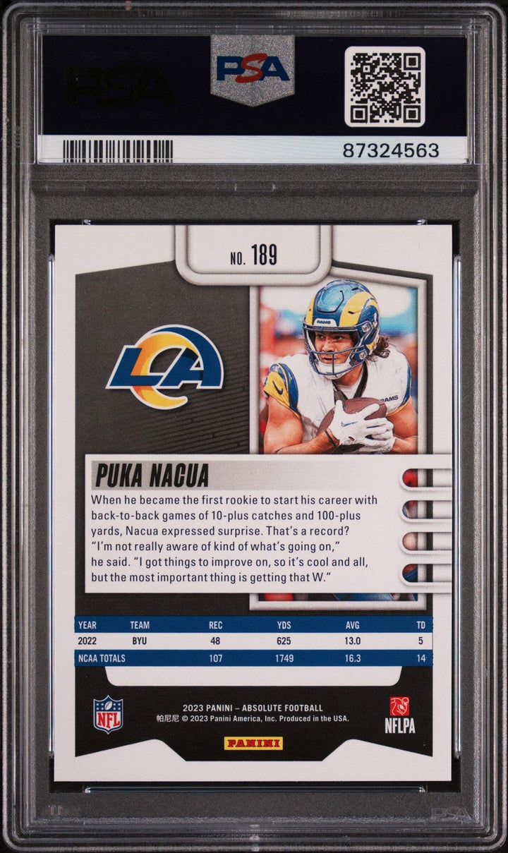 Graded 2023 Panini Absolute Puka Nacua #189 Rookie RC Football Card PSA 10 Gem