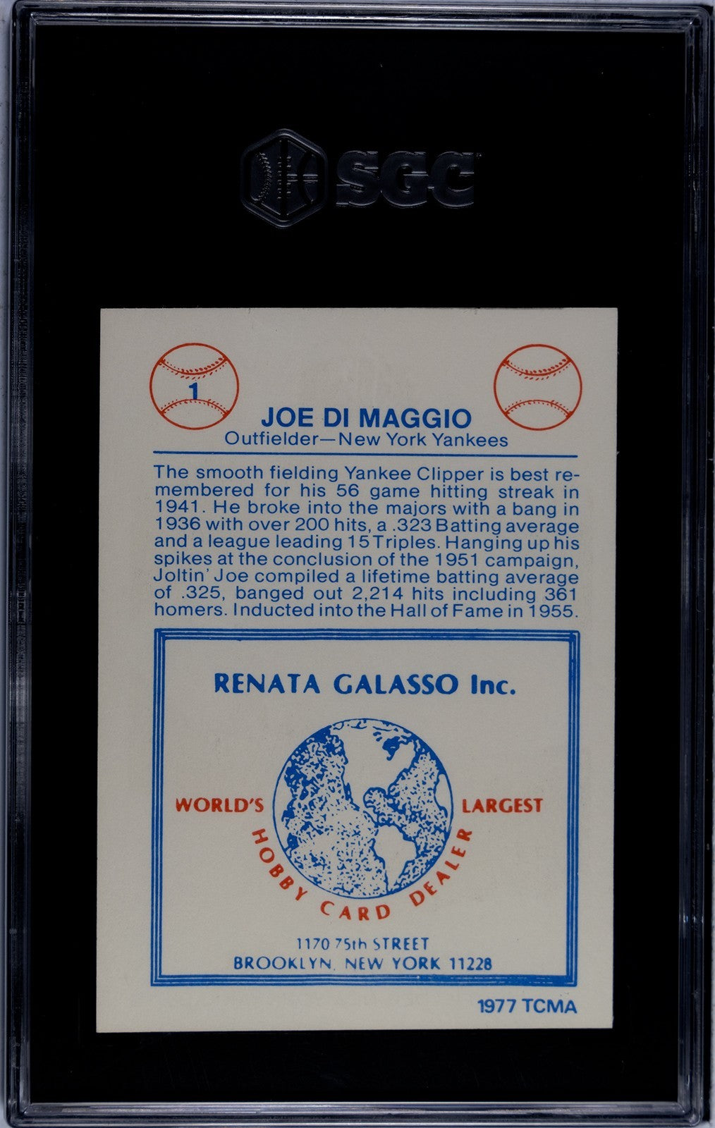 Joe DiMaggio 1977 TCMA Renata Galasso Card #1 - SGC Graded 7 NM (NY Yankees/HOF)