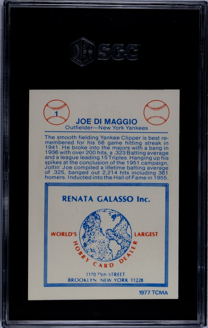 Joe DiMaggio 1977 TCMA Renata Galasso Card #1 - SGC Graded 7 NM (NY Yankees/HOF)