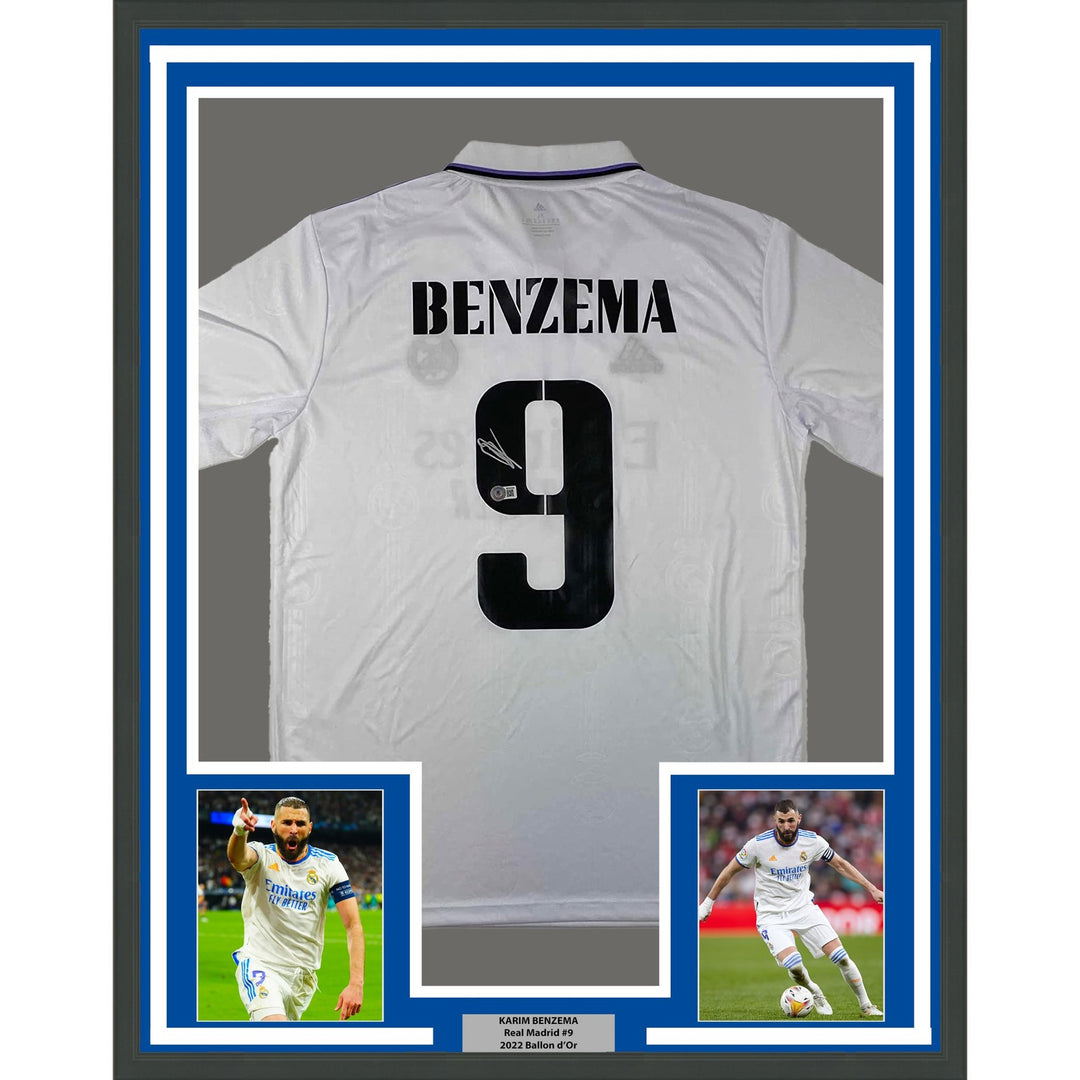 Framed Autographed/Signed Karim Benzema 35x39 2022-23 White Jersey BAS COA