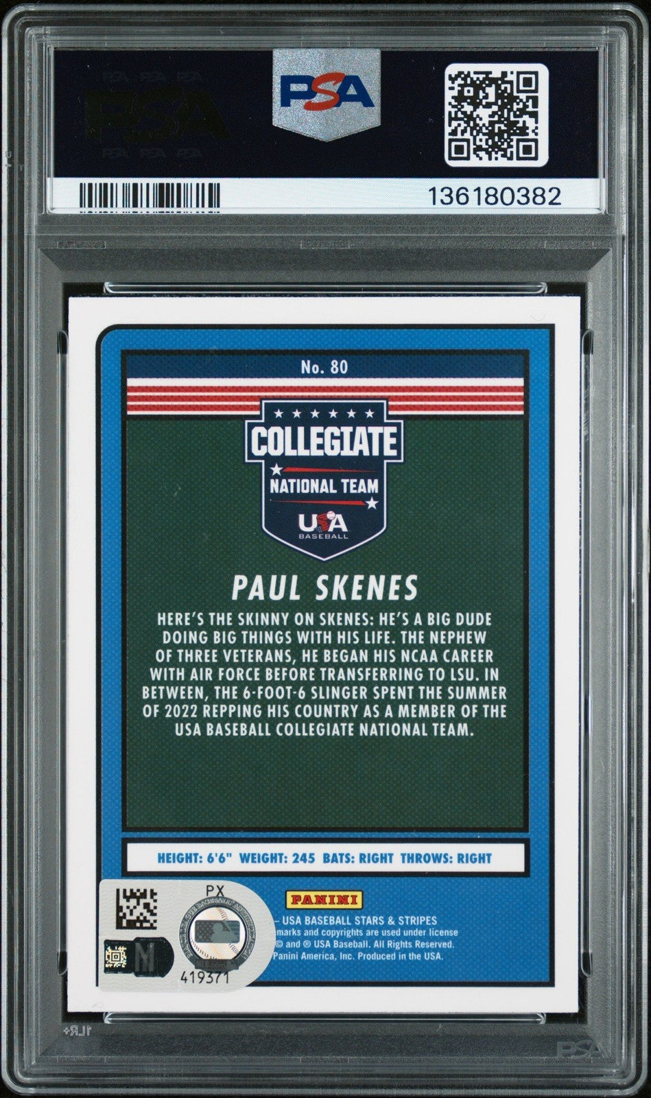 Graded 2023 Stars & Stripes USA Paul Skenes #80 RC Card PSA AUTH Auto