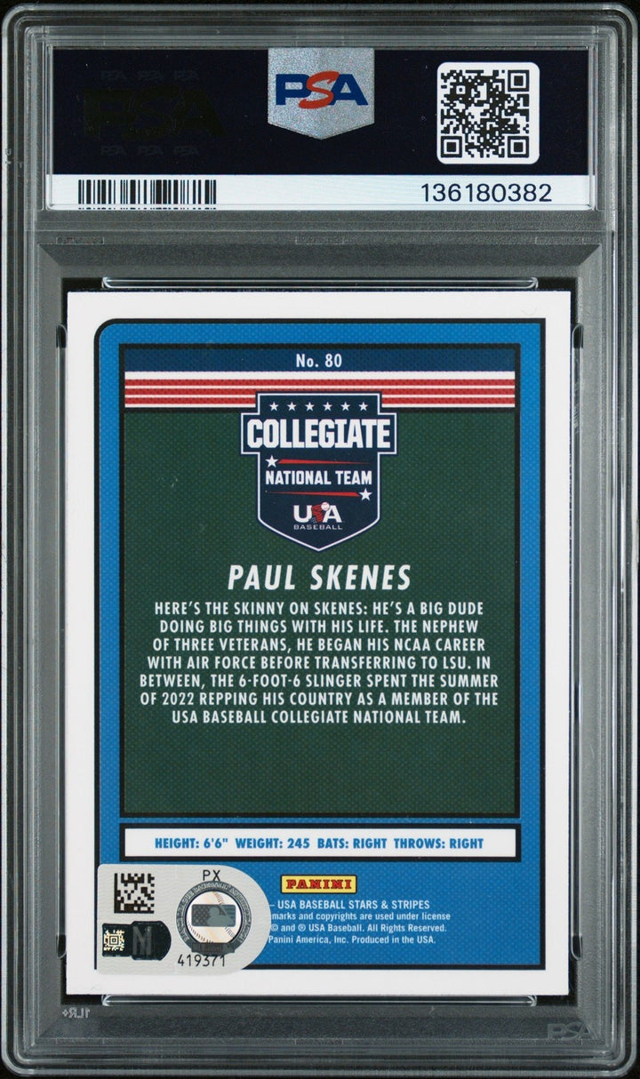 Graded 2023 Stars & Stripes USA Paul Skenes #80 RC Card PSA AUTH Auto