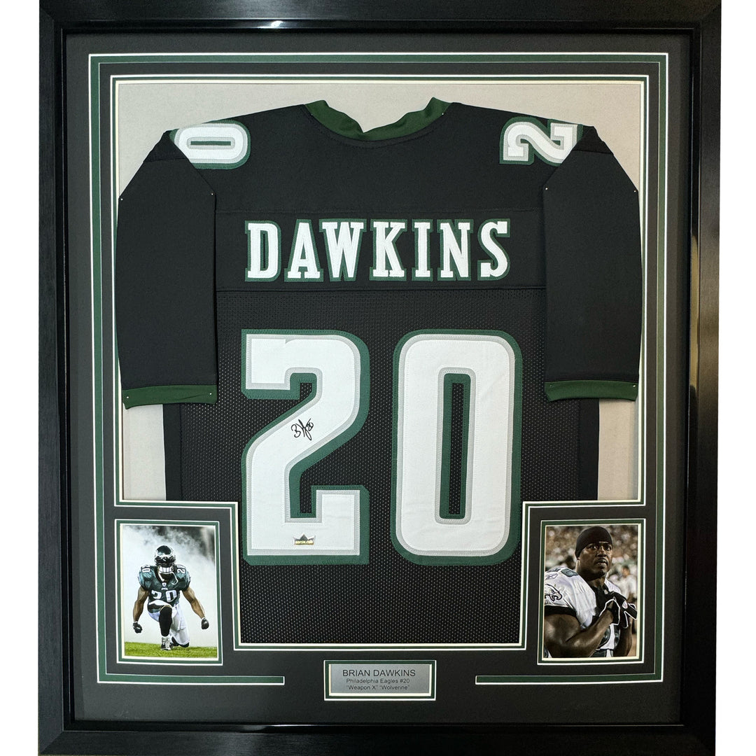 Framed Facsimile Autographed Brian Dawkins 33x42 Black Reprint Laser Auto Jersey