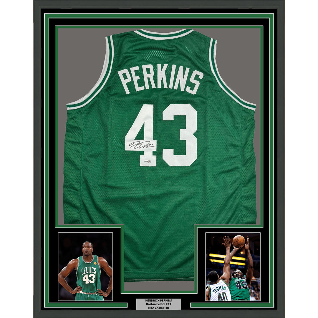 Framed Autographed/Signed Kendrick Perkins 35x39 Boston Jersey JSA COA