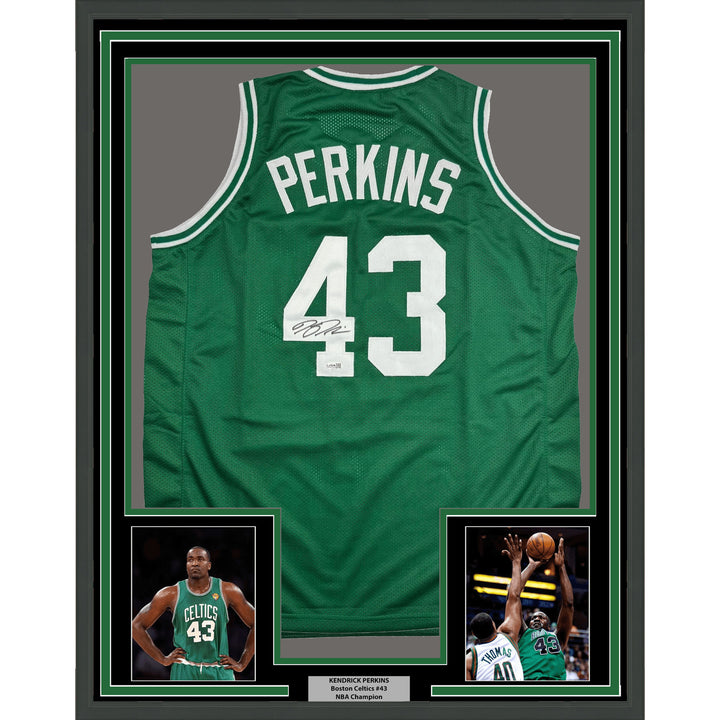 Framed Autographed/Signed Kendrick Perkins 35x39 Boston Jersey JSA COA