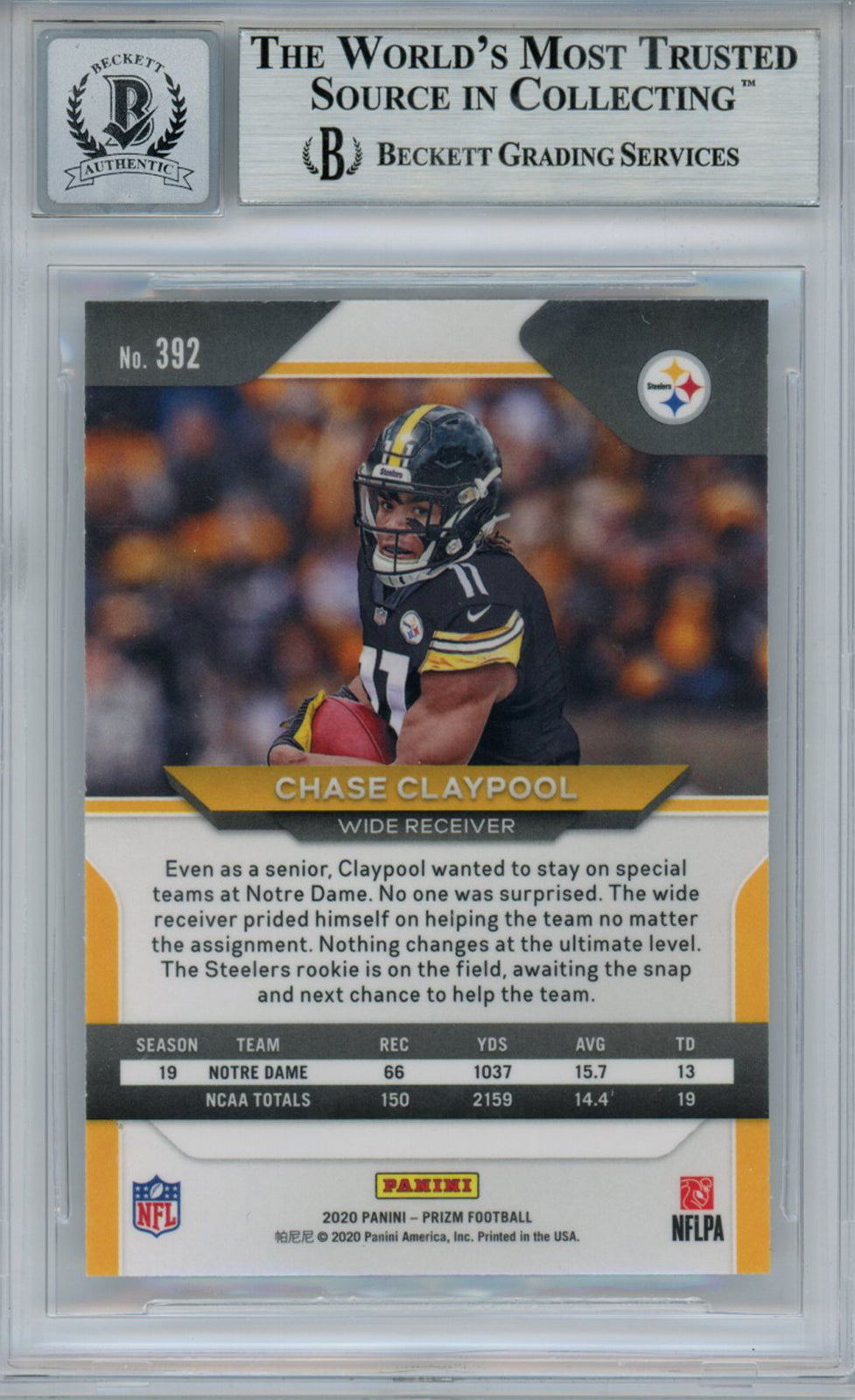 Chase Claypool Autographed 2020 Panini Prizm Rookie Card Beckett 10 Slab 35034