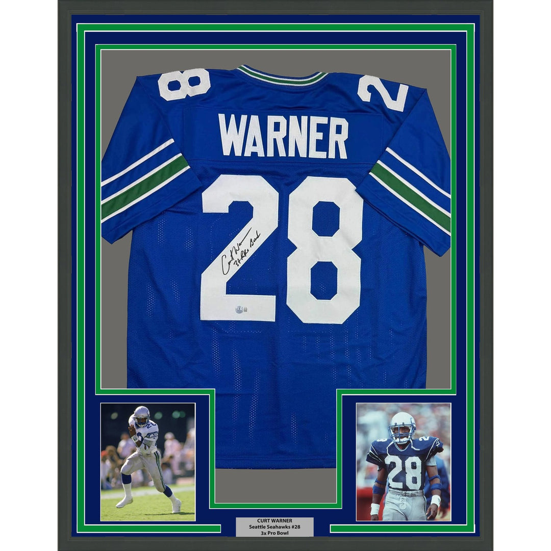 Framed Autographed/Signed Curt Warner 35x39 Seattle Blue Jersey Beckett COA