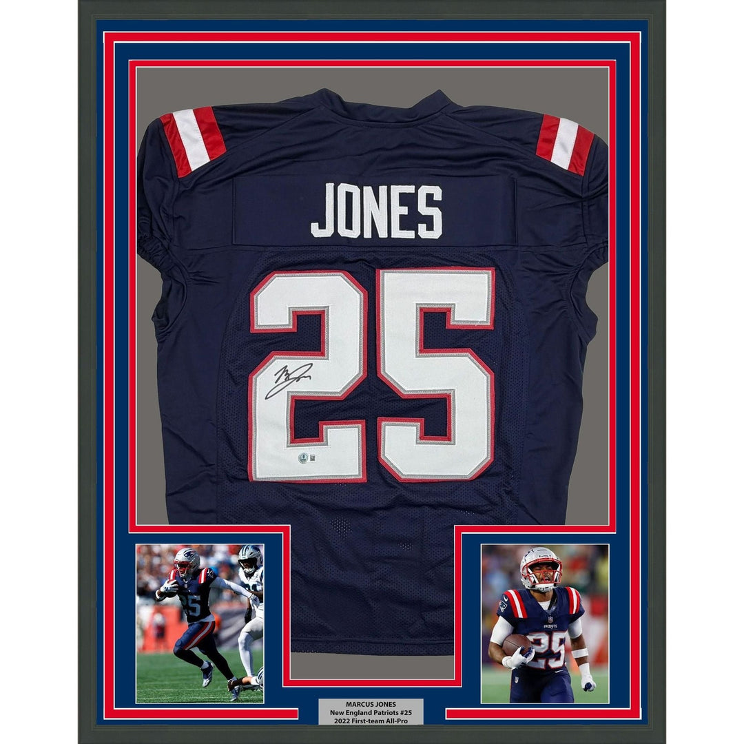 Framed Autographed/Signed Marcus Jones 35x39 NE Blue Jersey Beckett BAS COA