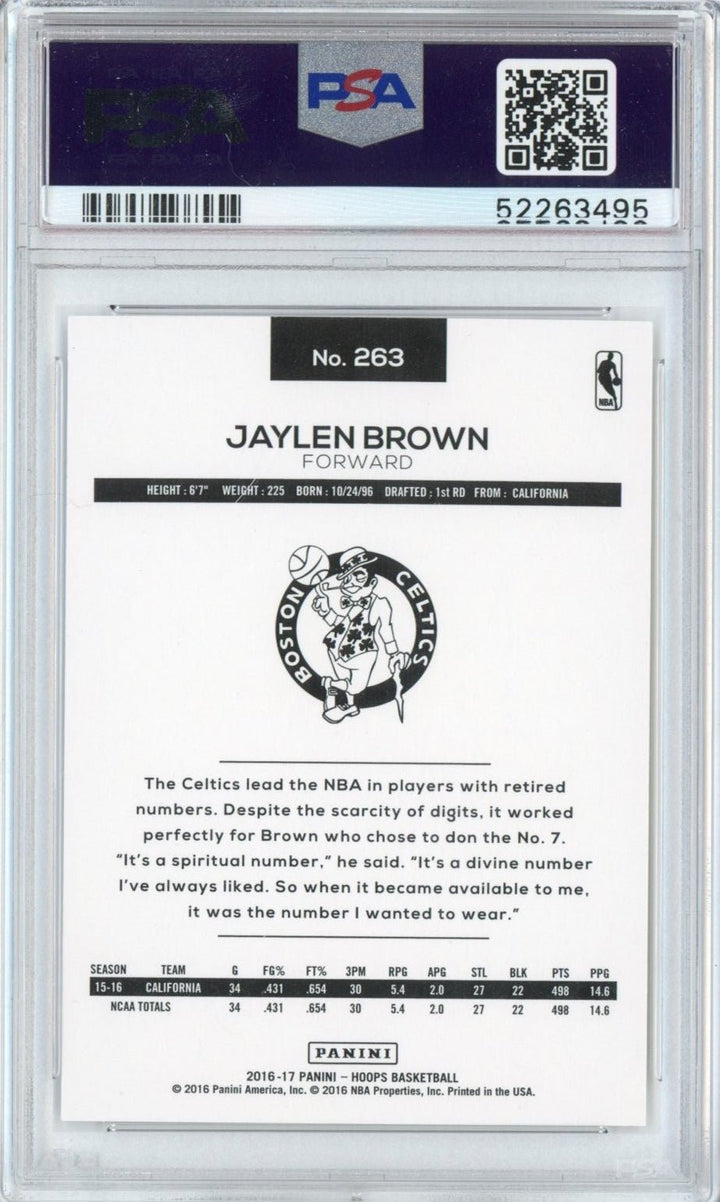 Graded 2016-17 Panini Hoops Jaylen Brown #263 Rookie RC Card PSA 10