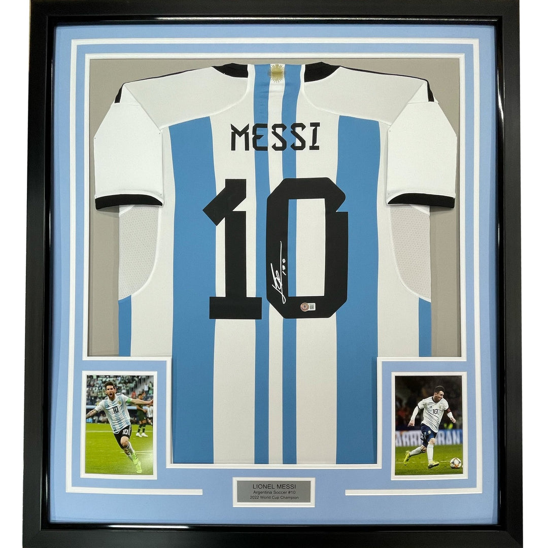 Framed Autographed/Signed Lionel Messi 35x39 Argentina Jersey Beckett COA