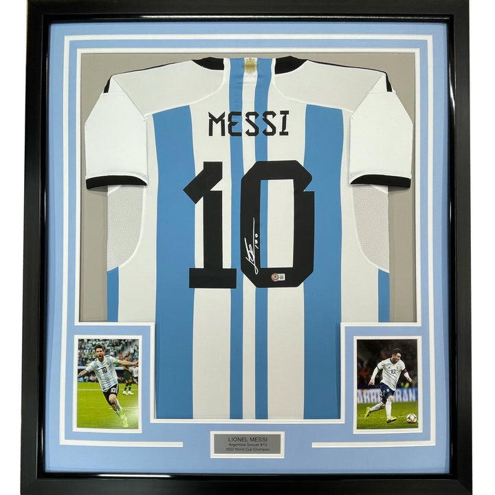 Framed Autographed/Signed Lionel Messi 35x39 Argentina Jersey Beckett COA