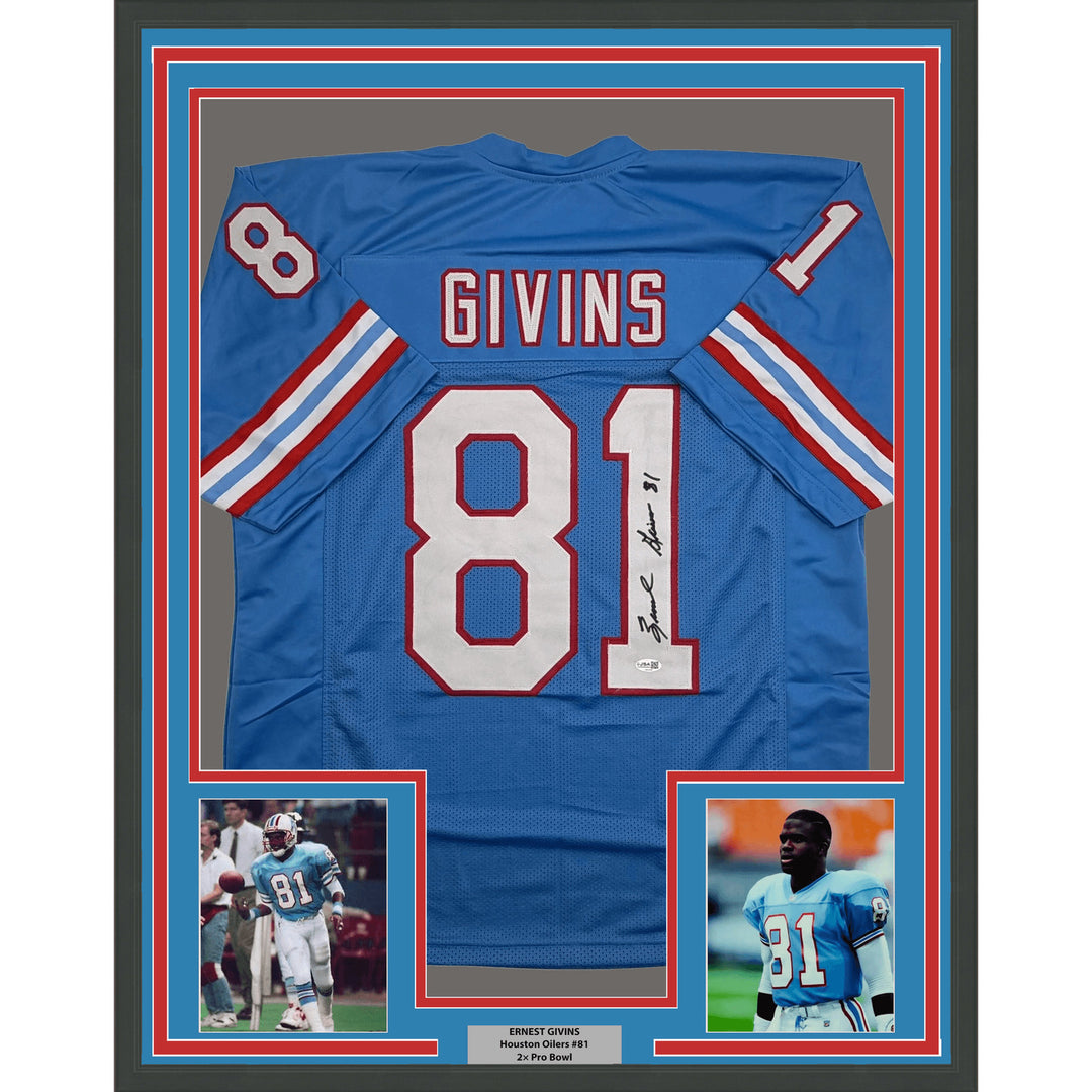 Framed Autographed/Signed Ernest Givins 35x39 Houston Blue Jersey JSA COA